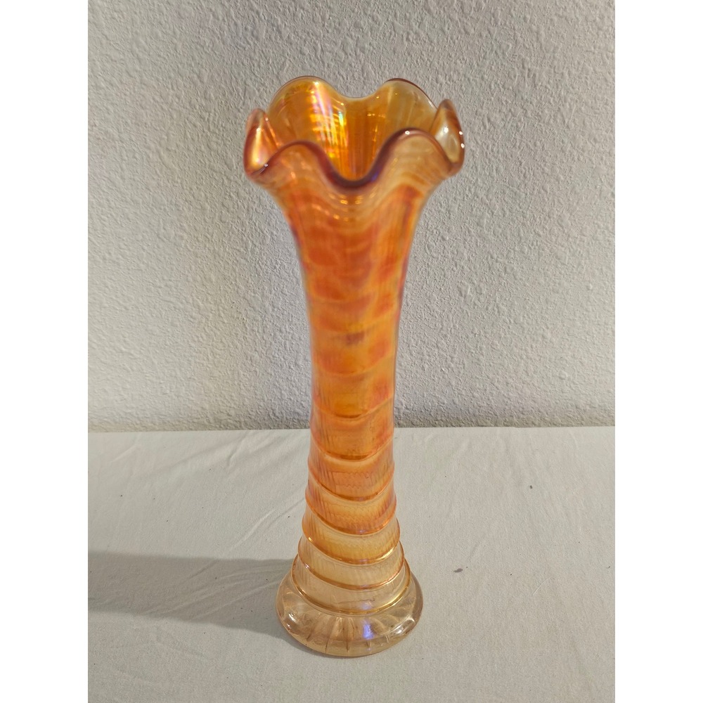 Vintage Marigold Carnival Glass Ruffled Ribbed Trumpet Bud Vase 10.25 Inch